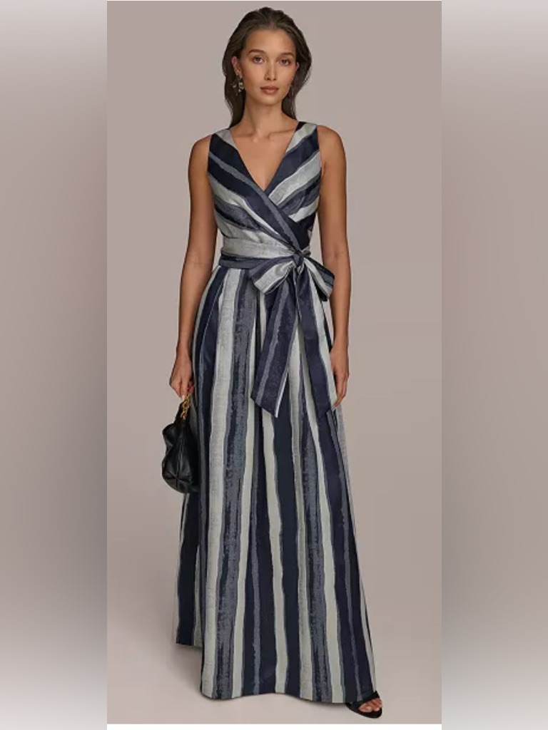 Donna Karan Navy And White Striped Wrap Maxi Dress